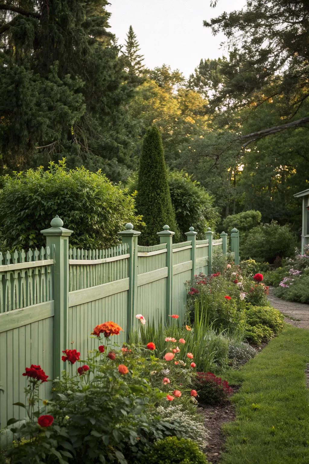 Sage green fences create serene and harmonious garden vibes.