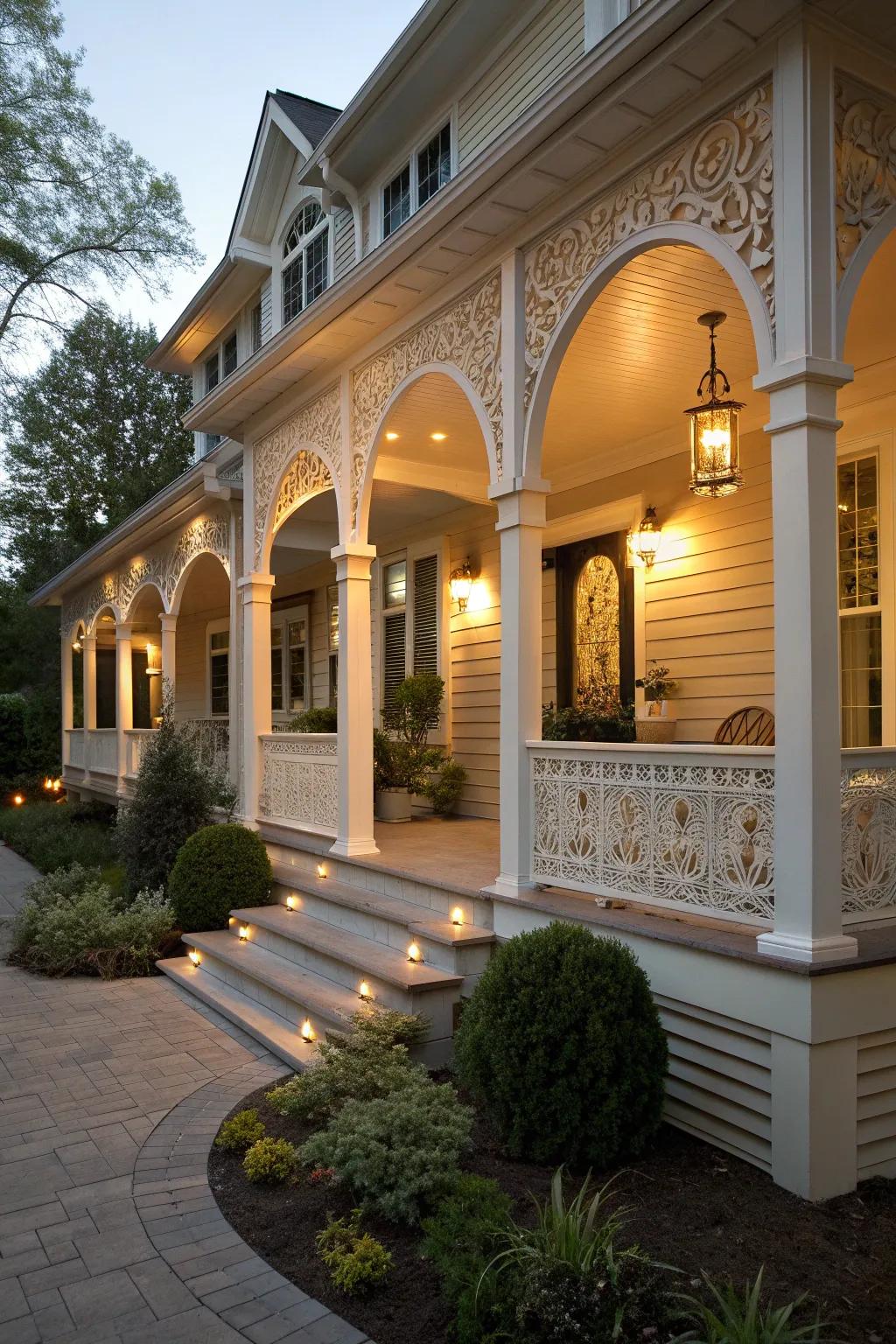 Arched tops on columns add elegance to this modern porch.