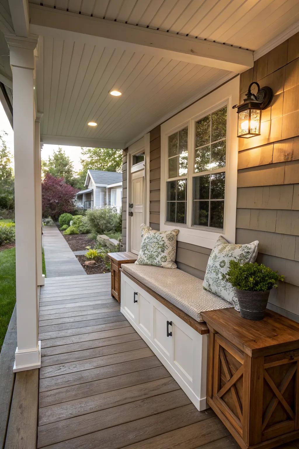 Smart storage solutions keep your porch organized.