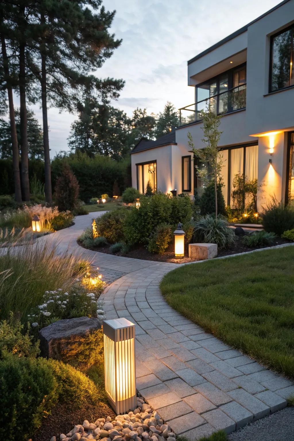 Modern lighting enhances evening ambiance.