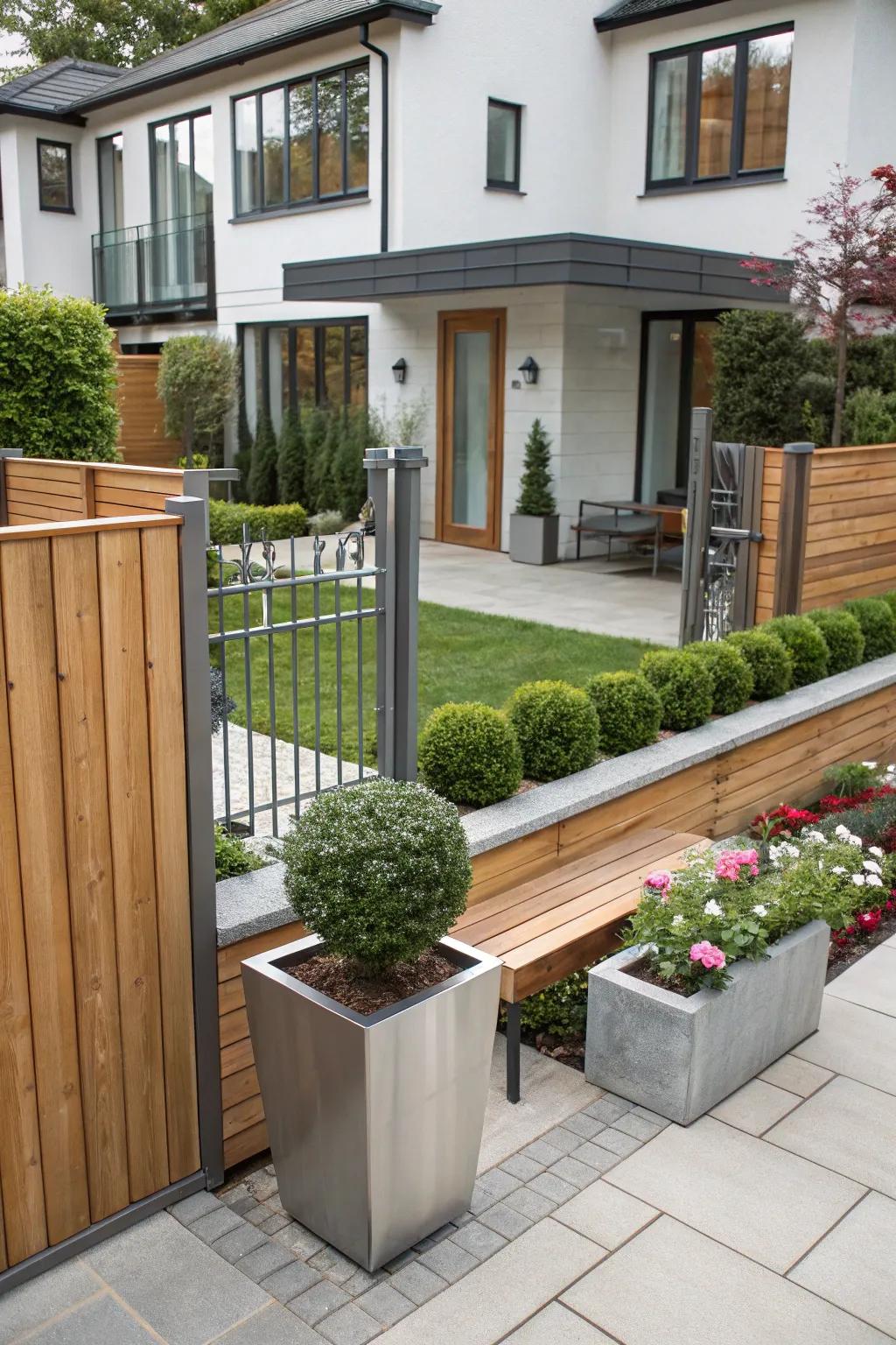 Wood and metal mix beautifully in this modern front yard.