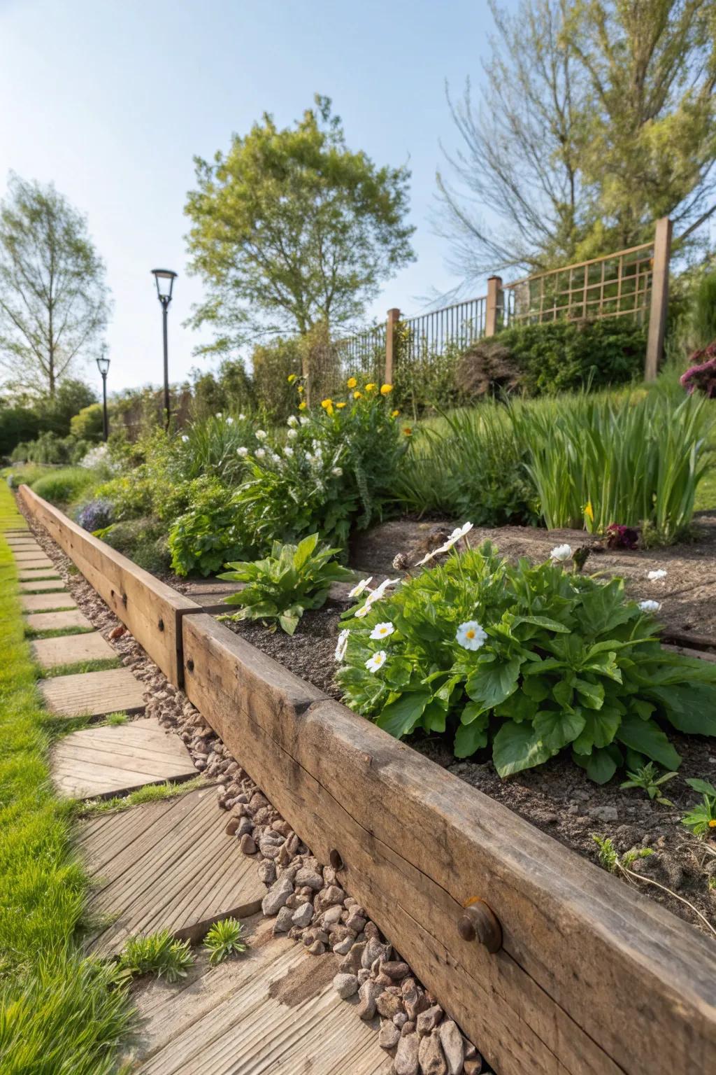 Railway sleepers add strong, defined edges with rustic charm.