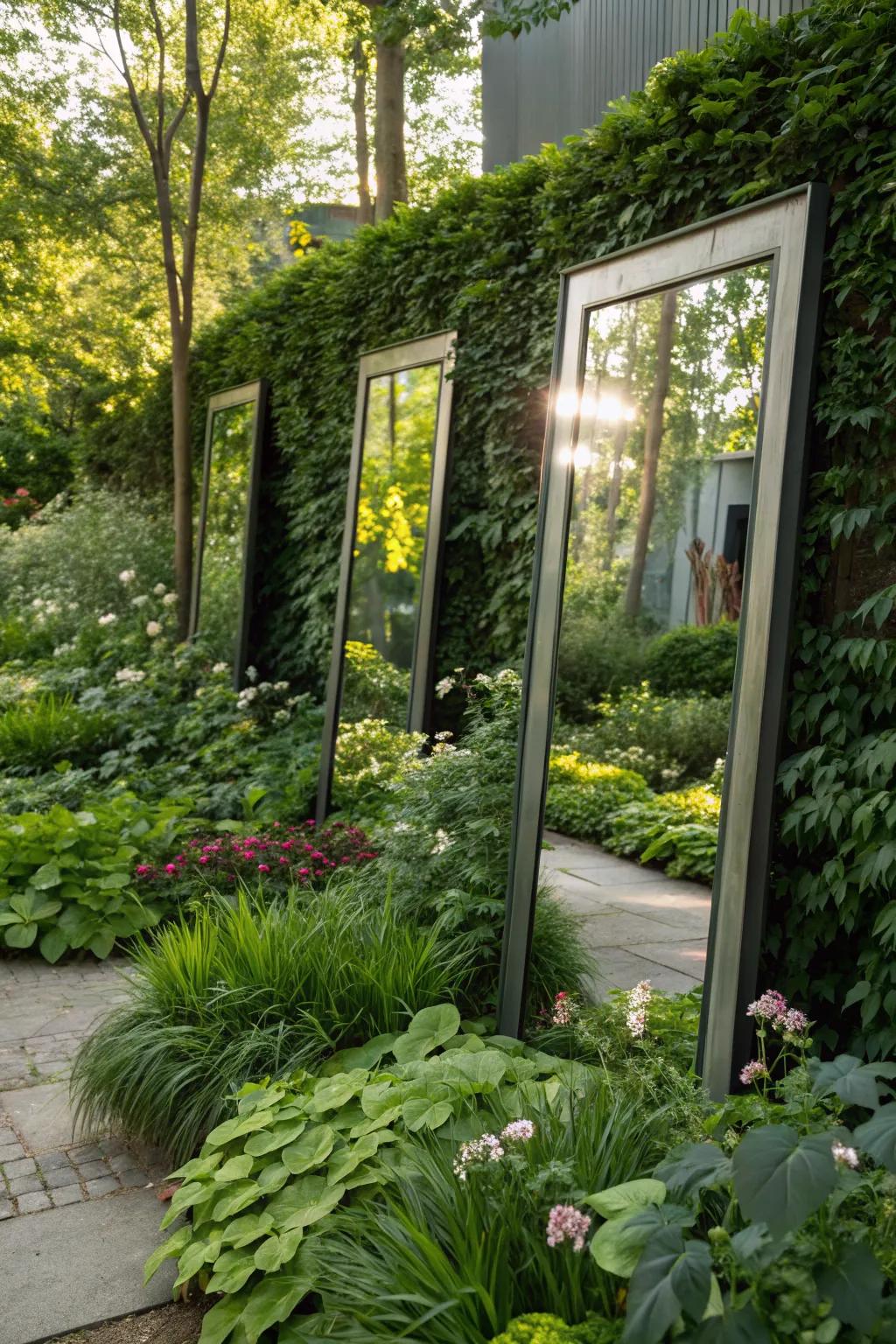 Mirrors in the garden create an illusion of expanded space.