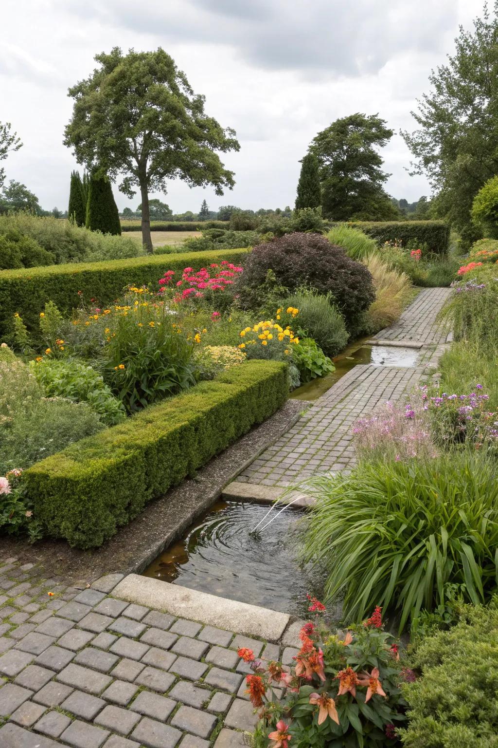 A garden featuring water-permeable paving surrounded by lush plants.