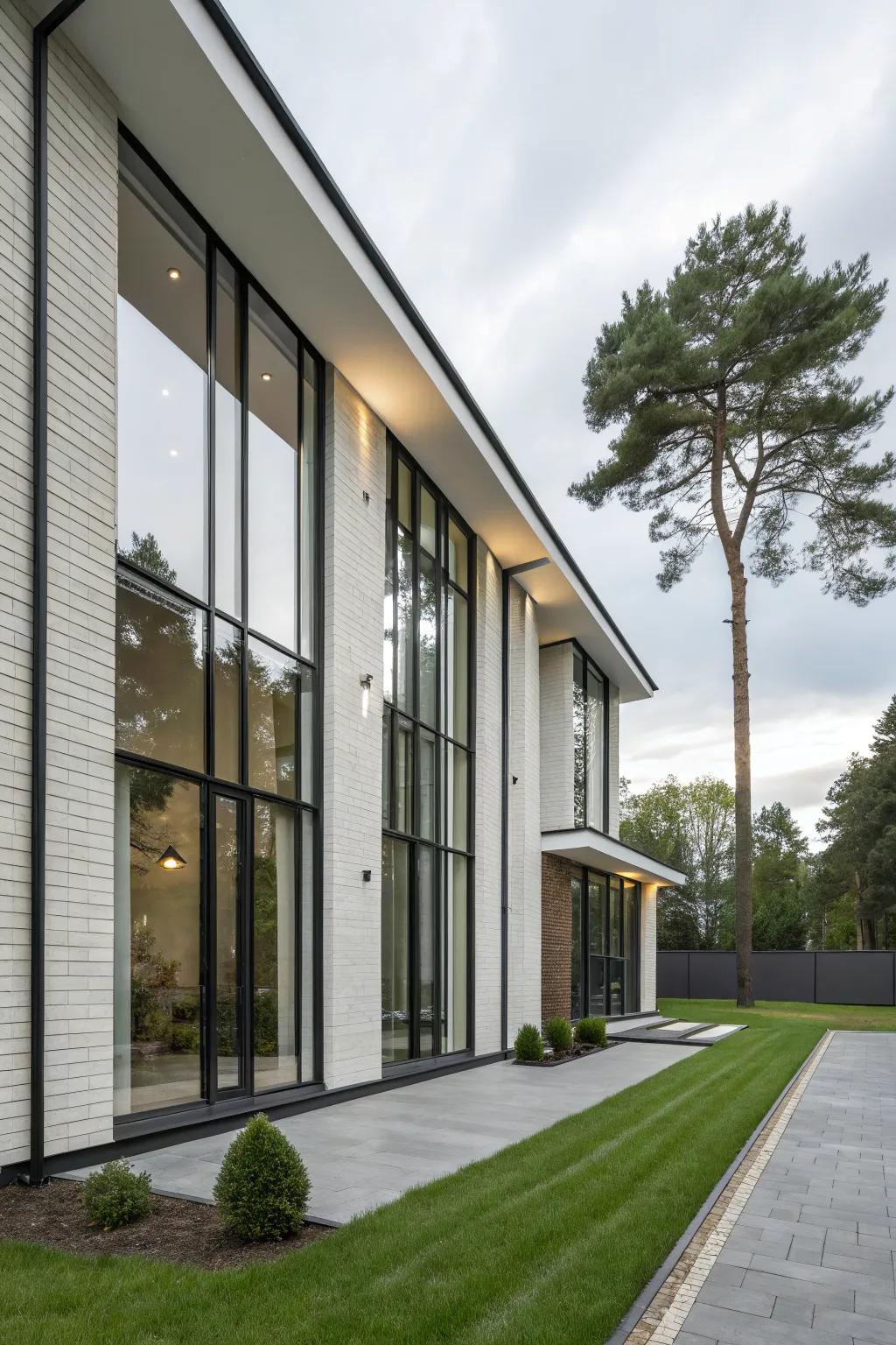 Vertical elements create a sleek, elongated appearance in this facade.