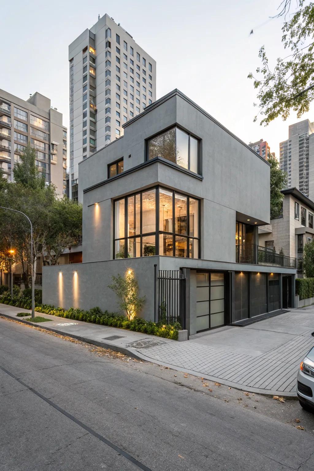 A modern house with a minimalist gray exterior, ideal for urban environments.