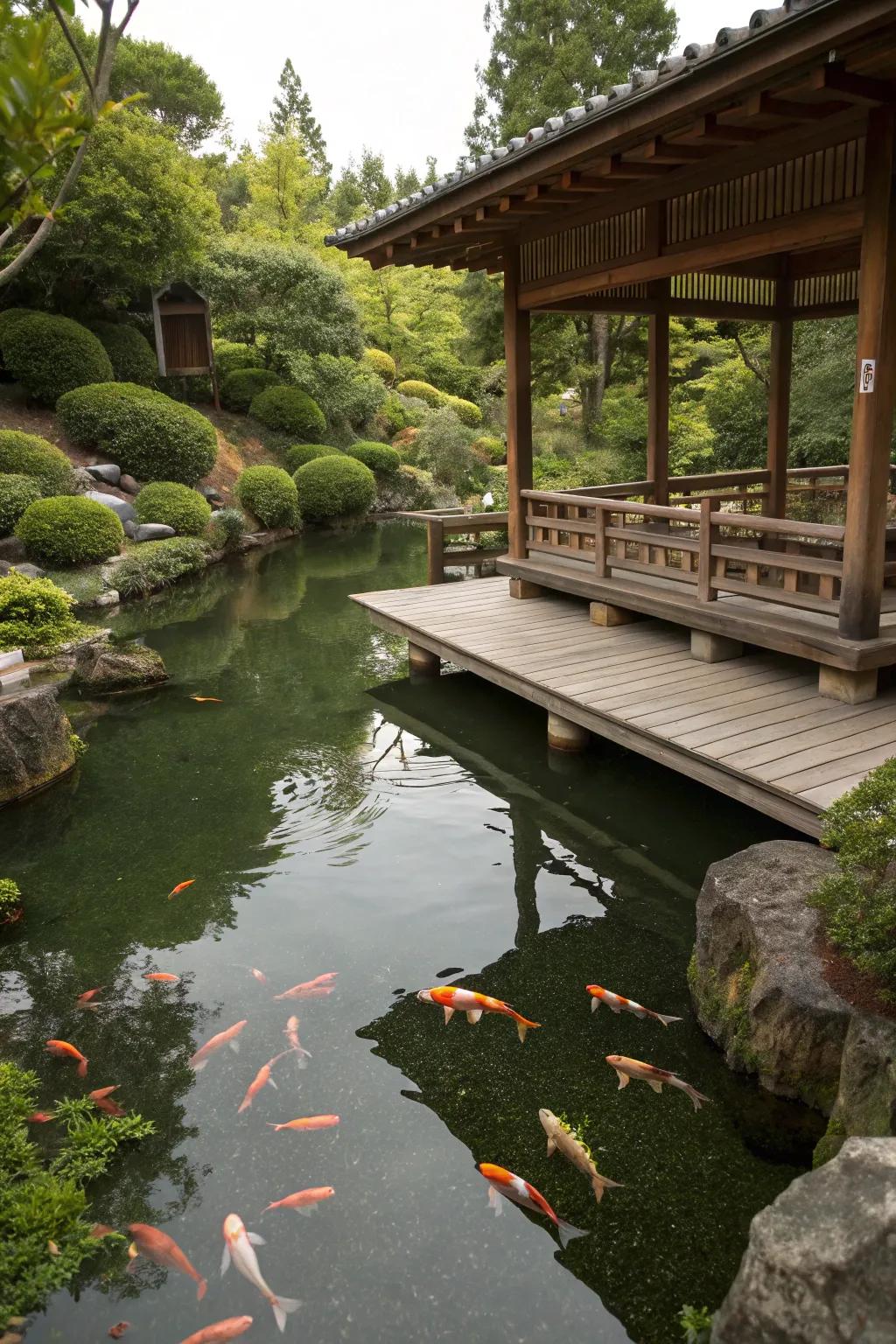 Engage with your koi pond through an interactive viewing platform.