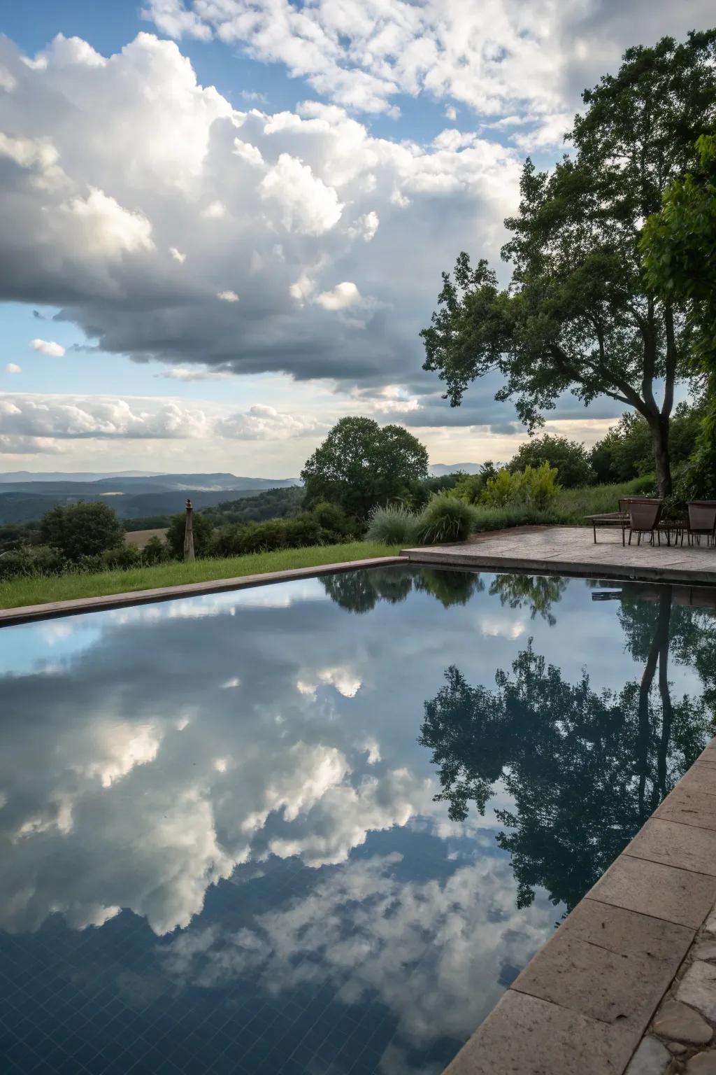 Reflective pools enhance tranquility by mirroring the natural environment.