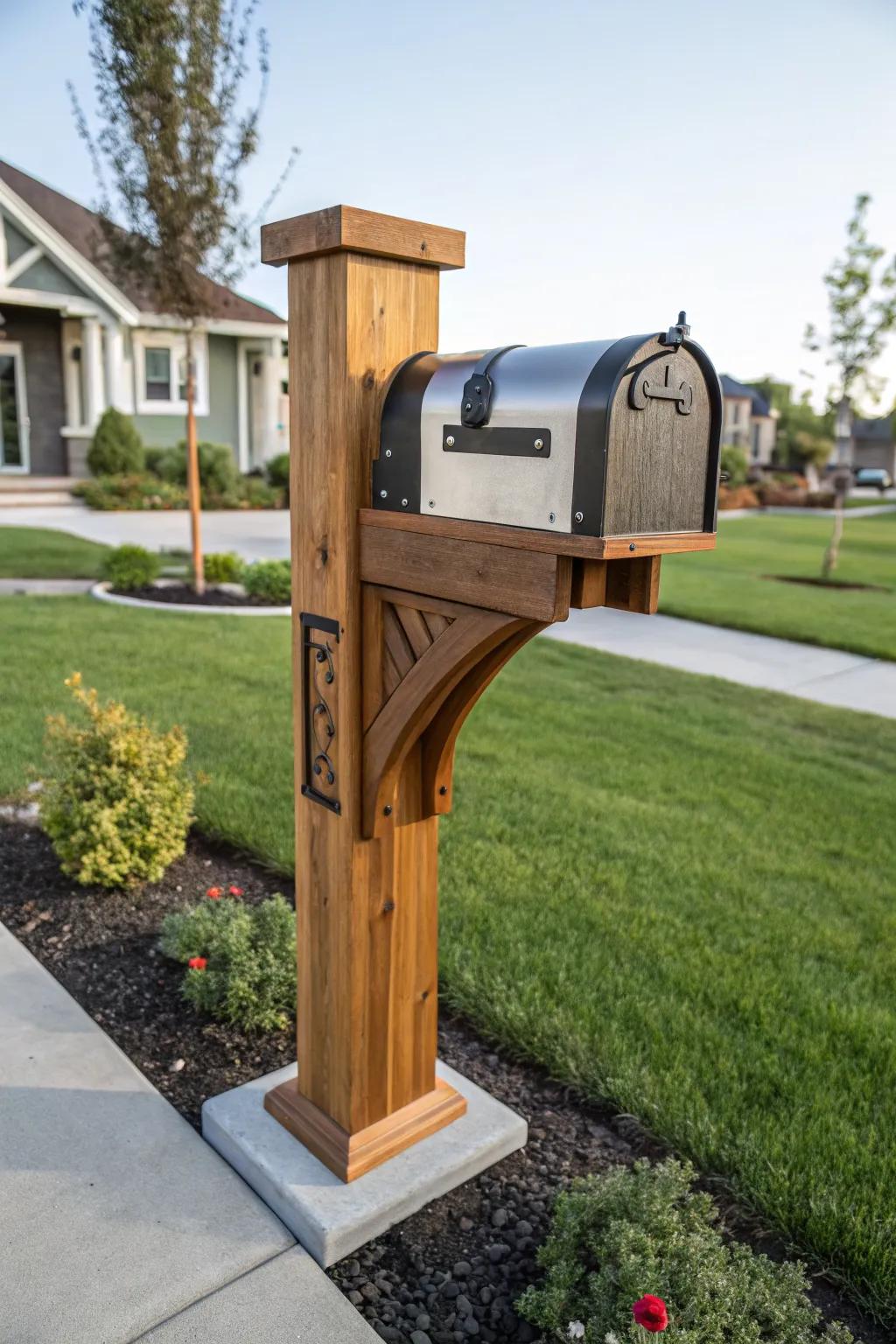 Wood and steel meet for a contemporary notched mailbox post.