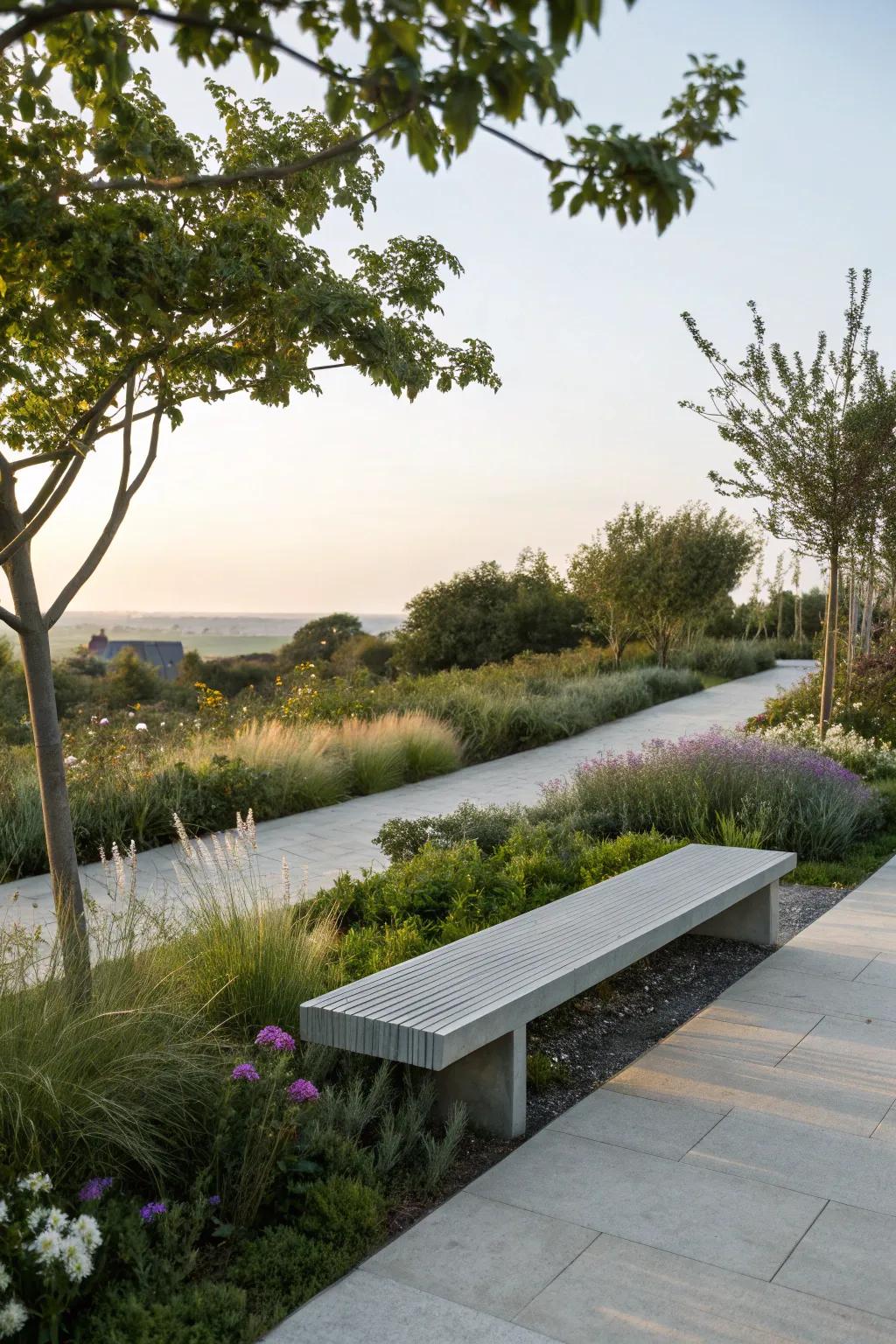 A low-profile bench creating a relaxing zen retreat in the garden.
