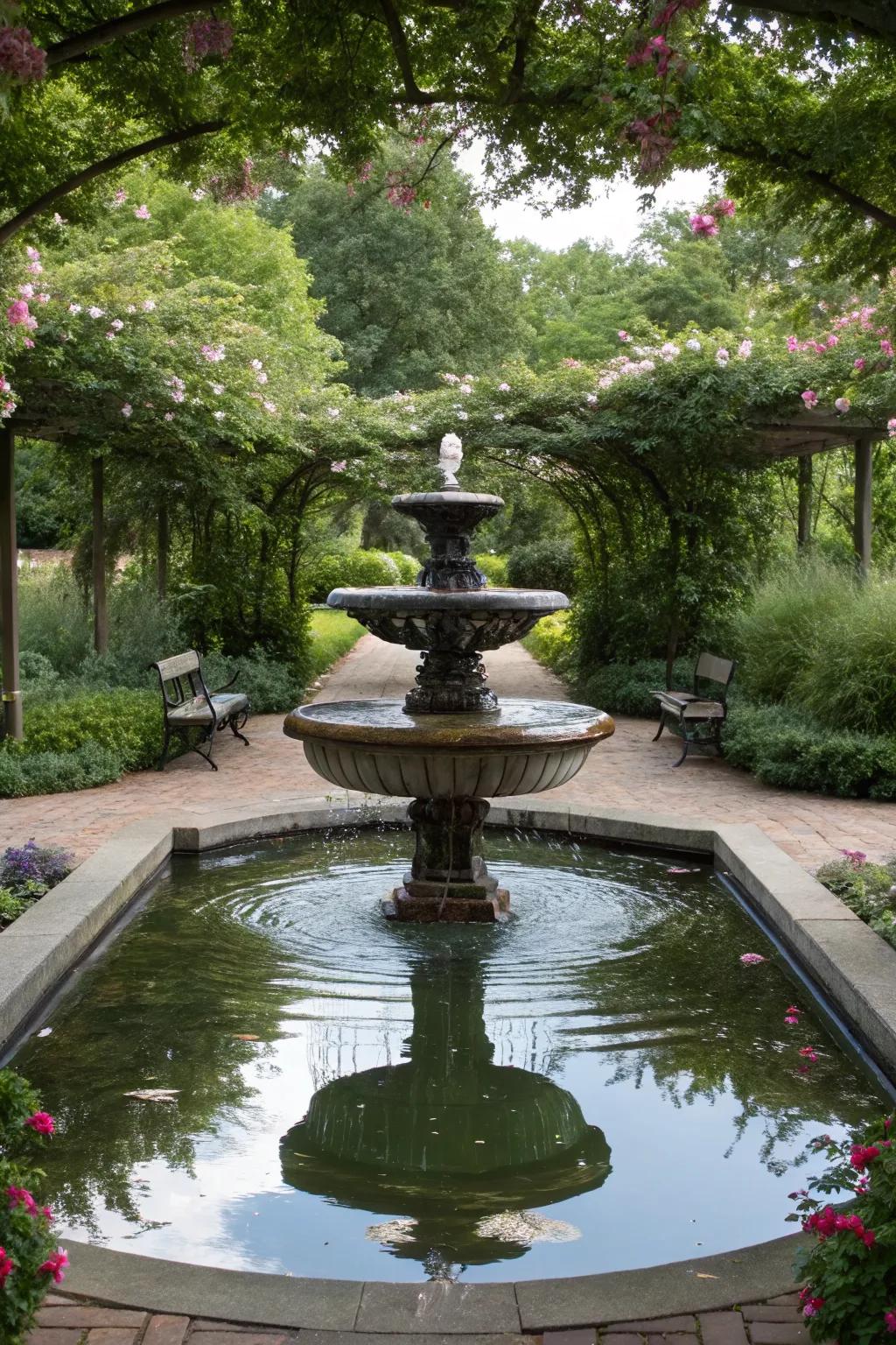 Enhance elegance with a reflective pool fountain.