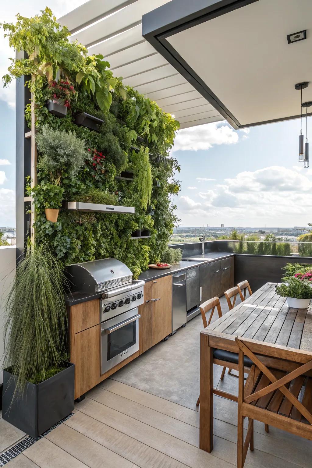 Vertical gardens bring life and vibrancy to modern outdoor kitchens.