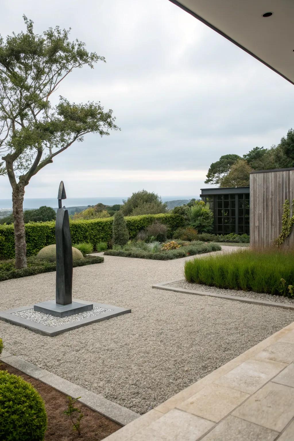 Sculptural elements add artistic interest to a patio.
