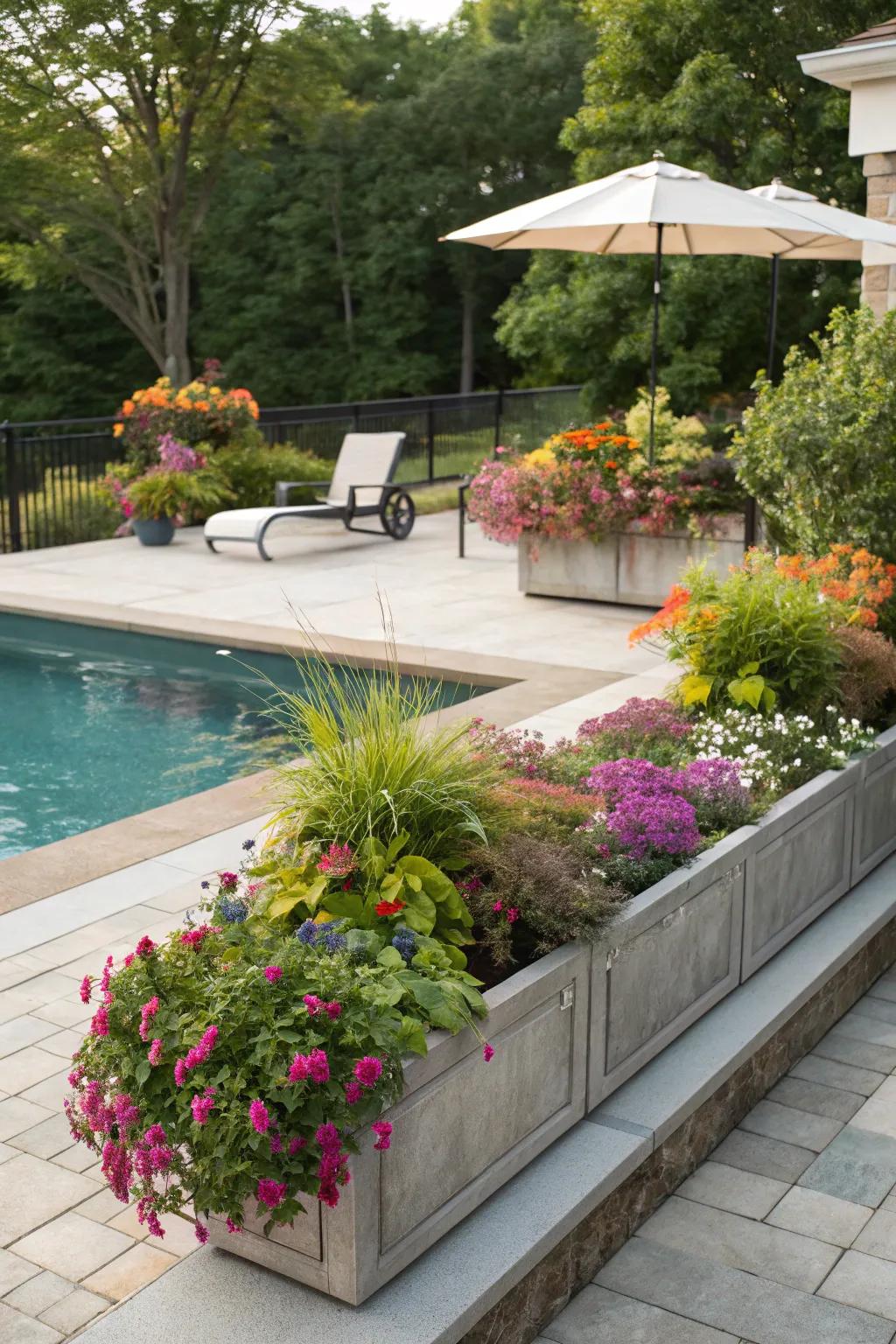Enhance your pool deck with built-in planters for a natural touch.