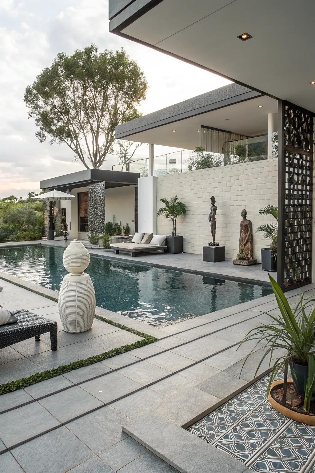 Artistic sculptures add elegance to a modern pool patio.