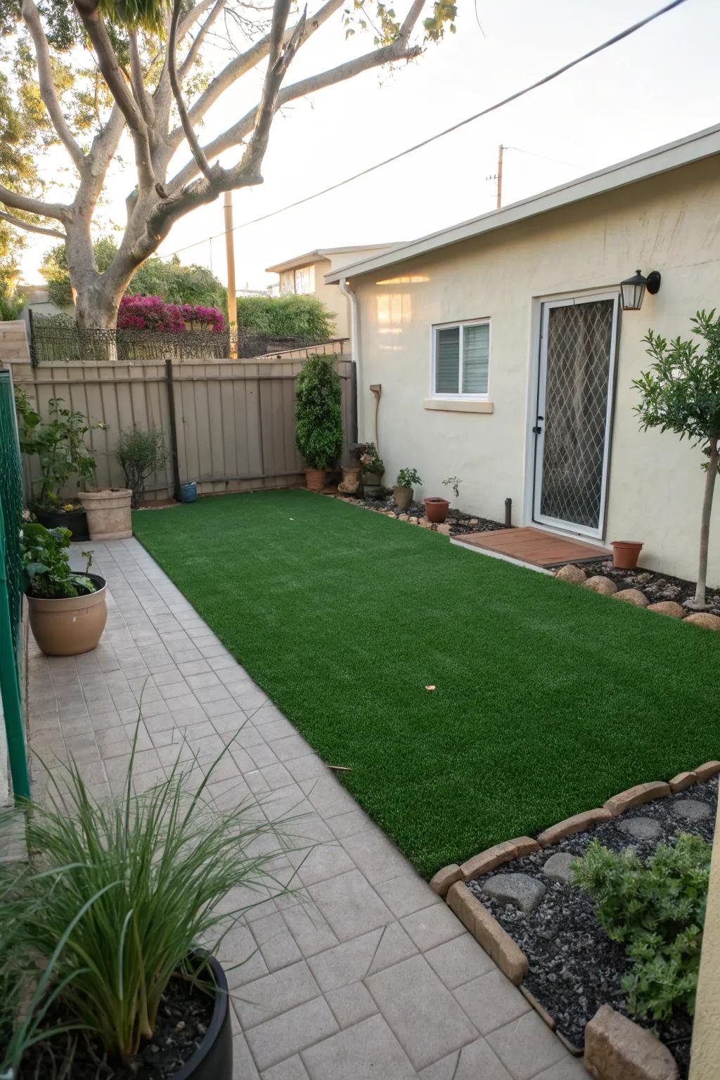 Artificial turf offers a low-maintenance, lush lawn appearance.