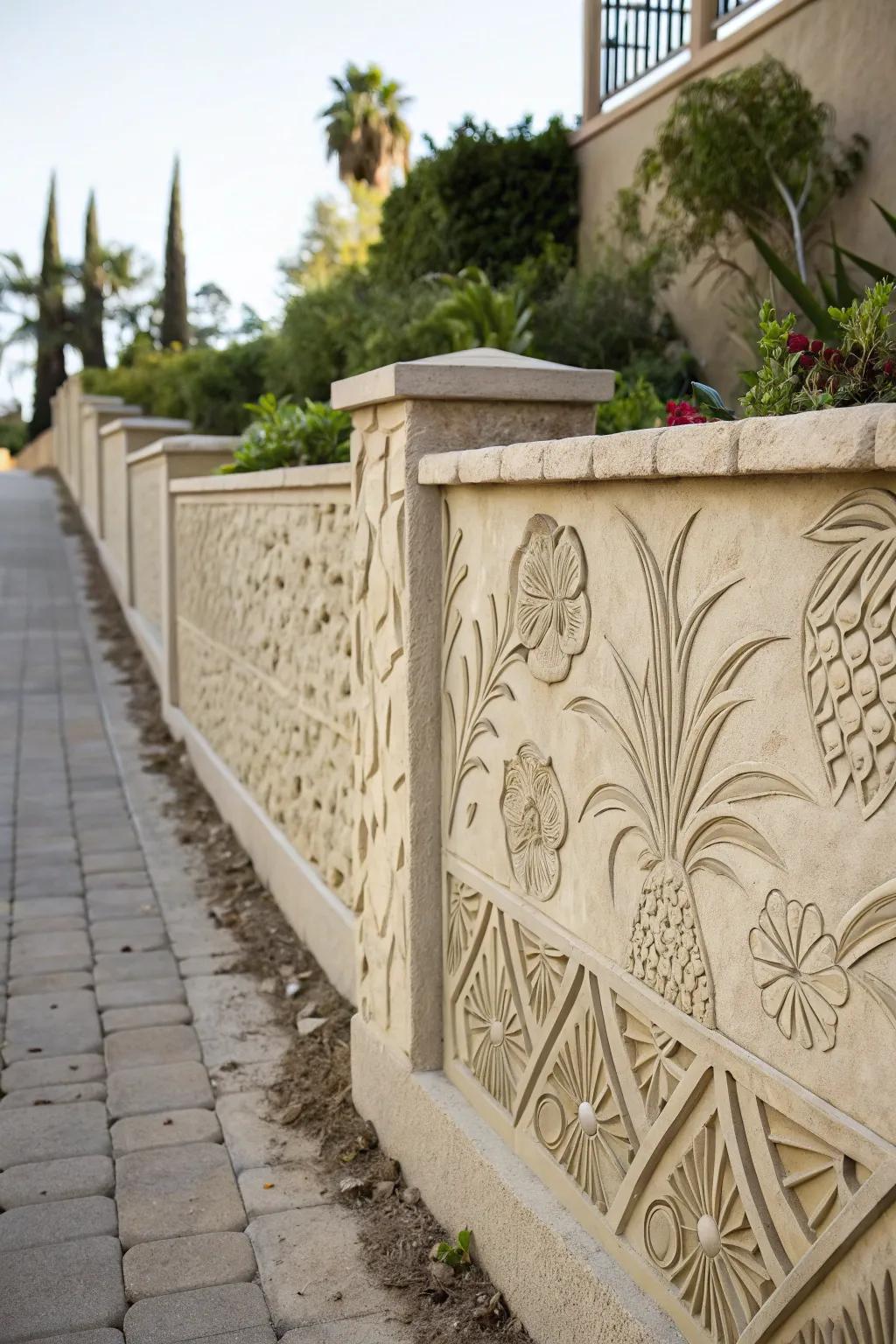 Artistic patterns on stucco walls add unique character.