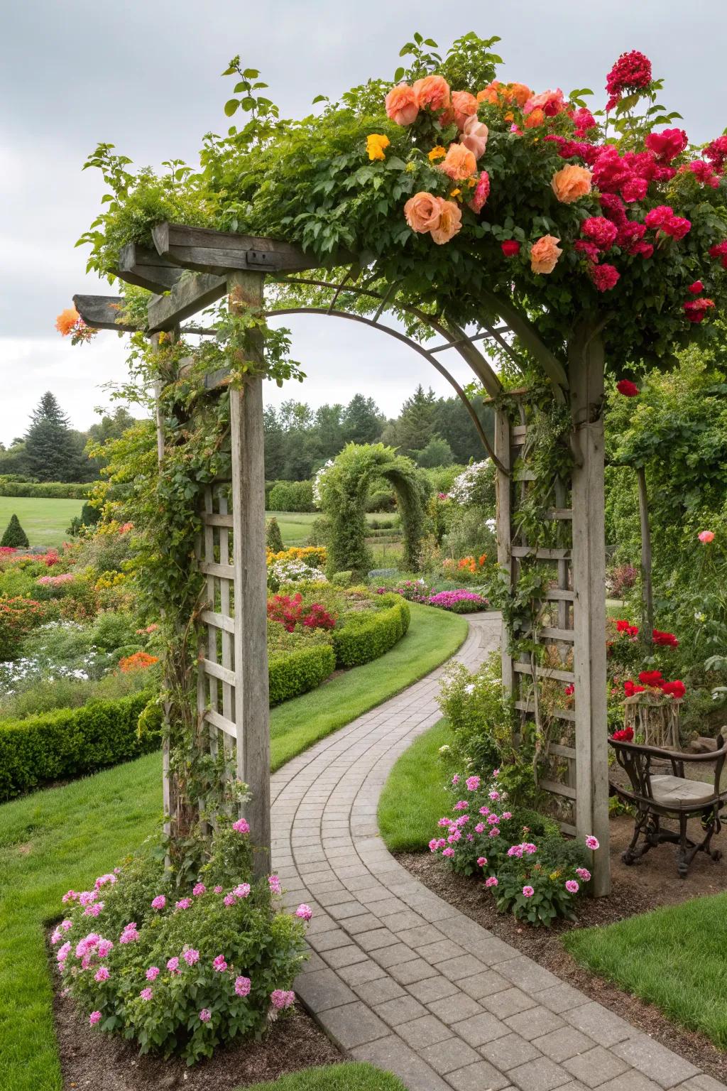 Colorful trellises can add a playful touch to gardens.