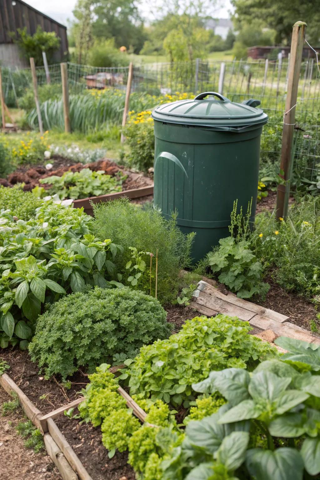 A stylish compost bin nestled within a garden of herbs.