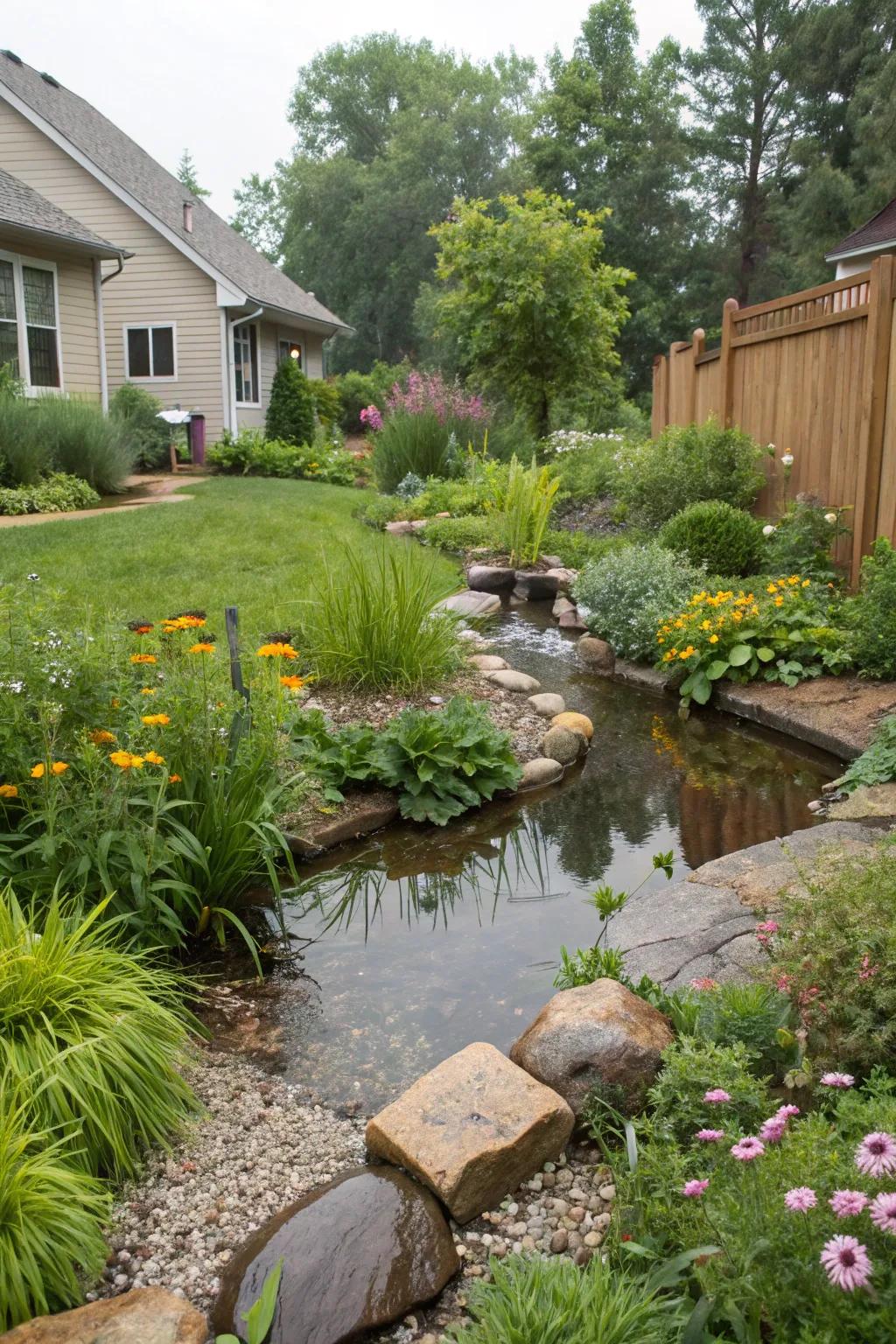 An eco-friendly rain garden captures rainwater beautifully.