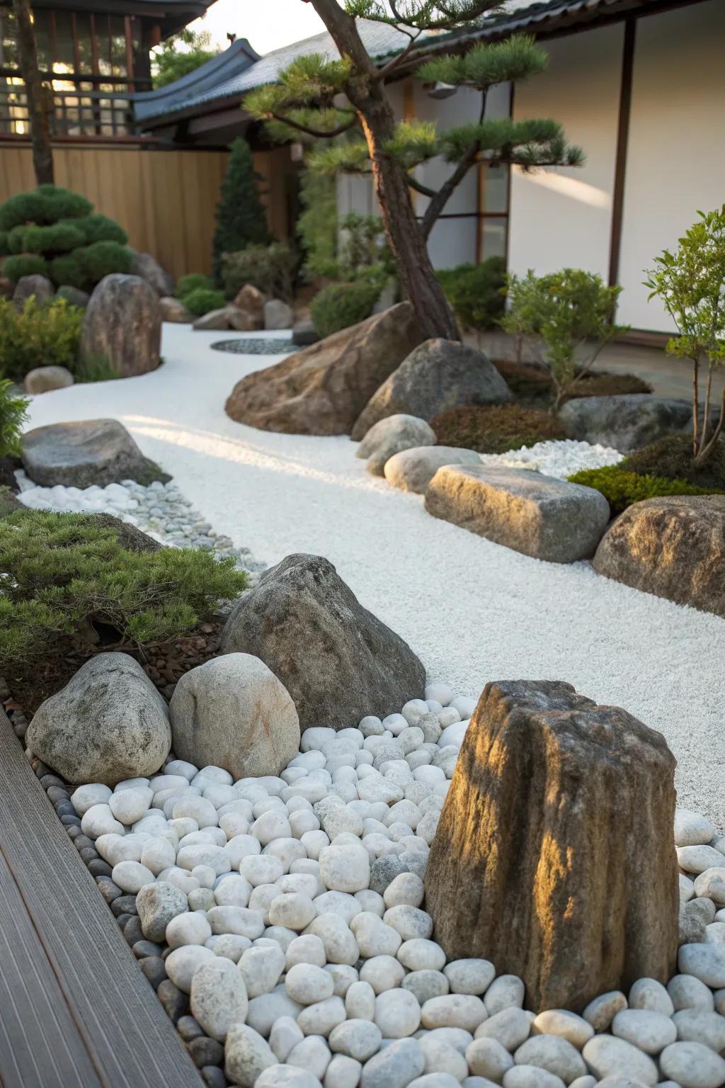 White pebbles add texture and contrast to rock gardens.