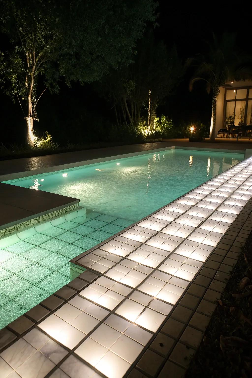 A magical glow at night with luminous white pool tiles.