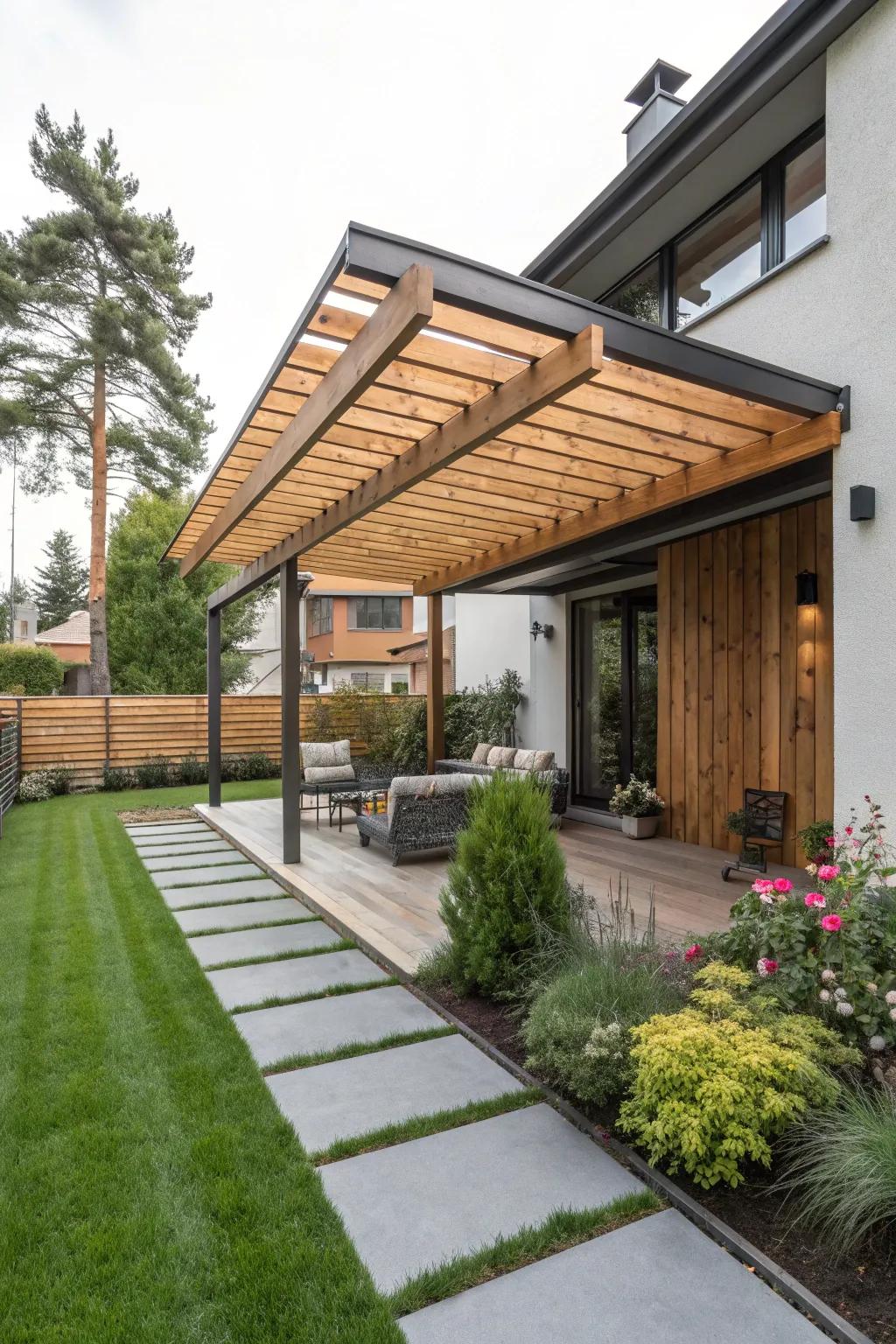 A pergola-style awning that defines and elevates this outdoor space.
