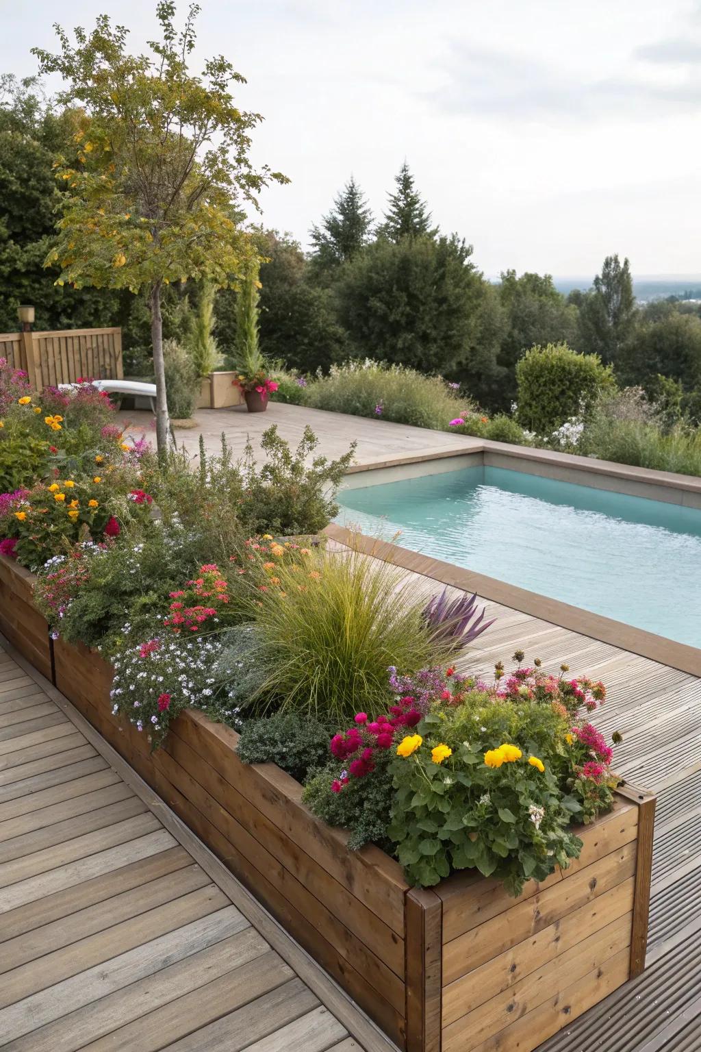A pool deck enriched with vibrant built-in planters.