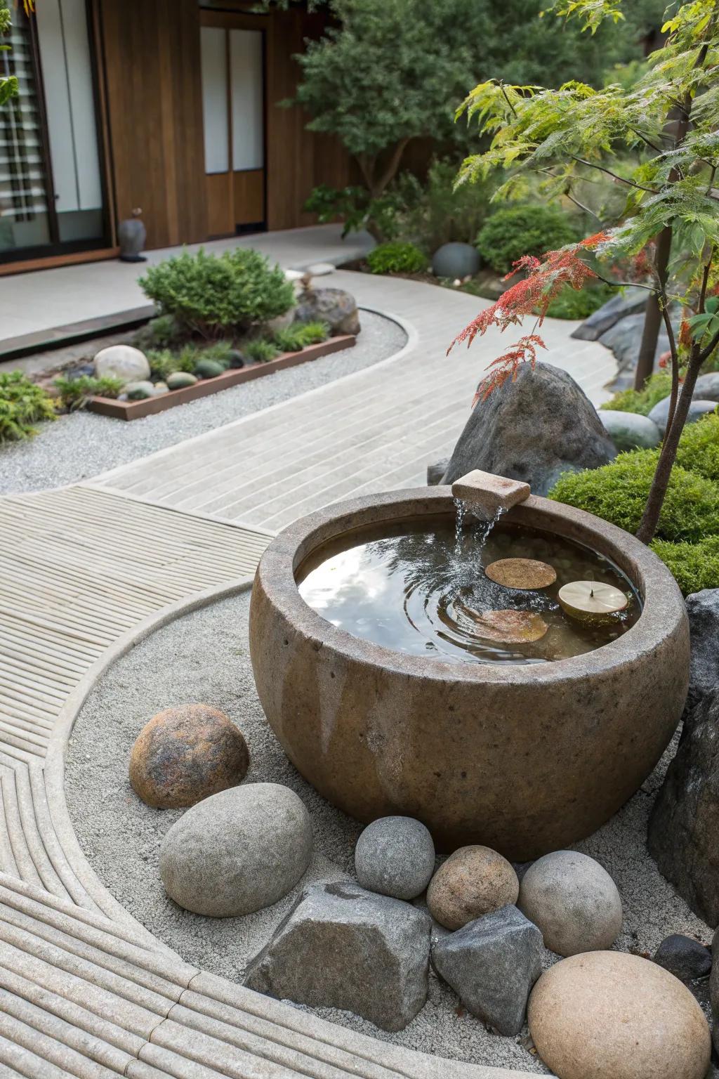 A stone water basin adds beauty to a Zen garden.