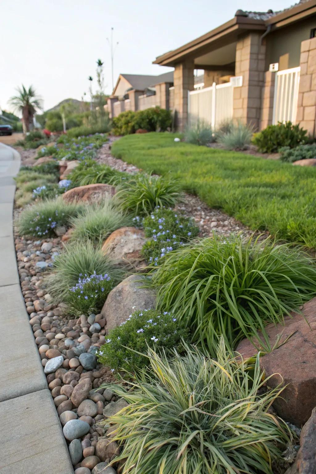 Mondo grass thrives in a drought-resistant garden, adding lush greenery.