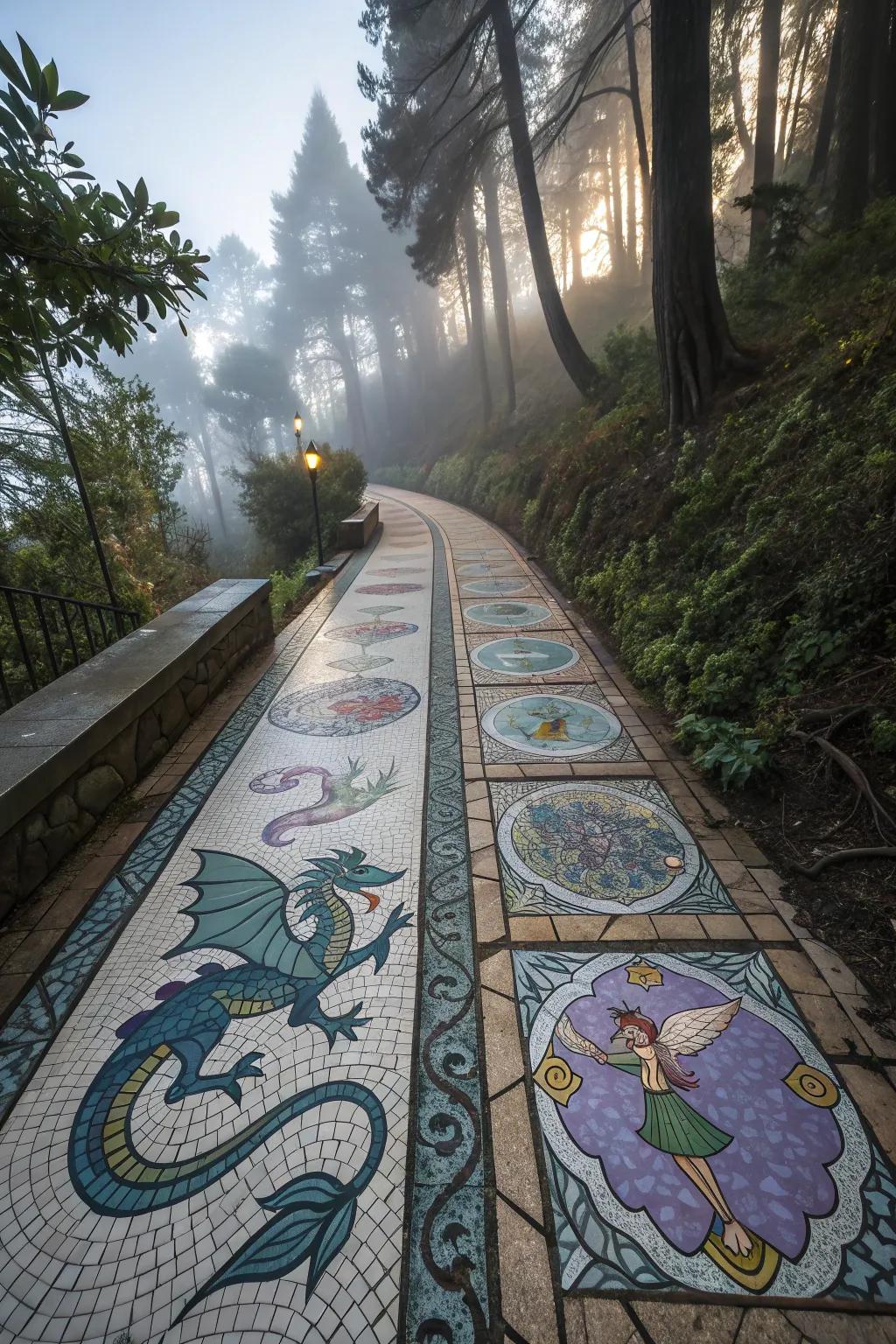 A fantasy-inspired mosaic pathway, inviting you into a magical garden world.
