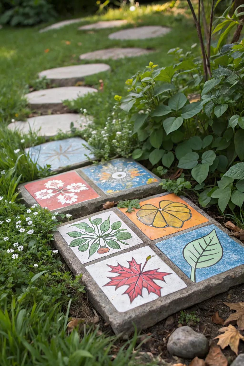 Seasonal-themed mosaic stepping stone with colors reflecting different times of the year.