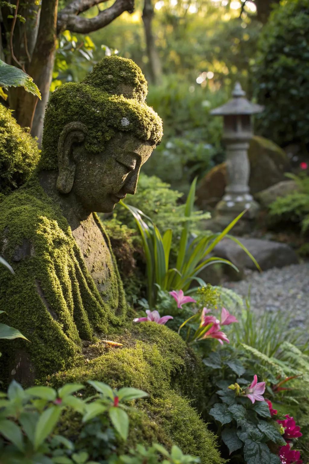 A garden sculpture enveloped in moss, blending seamlessly with the surrounding plants.