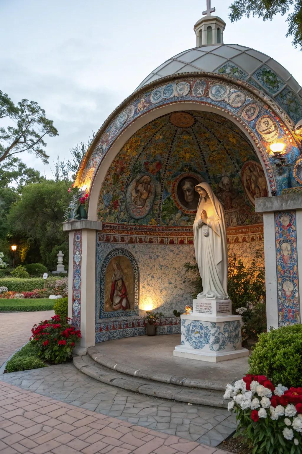 A mosaic backdrop adds color and texture.