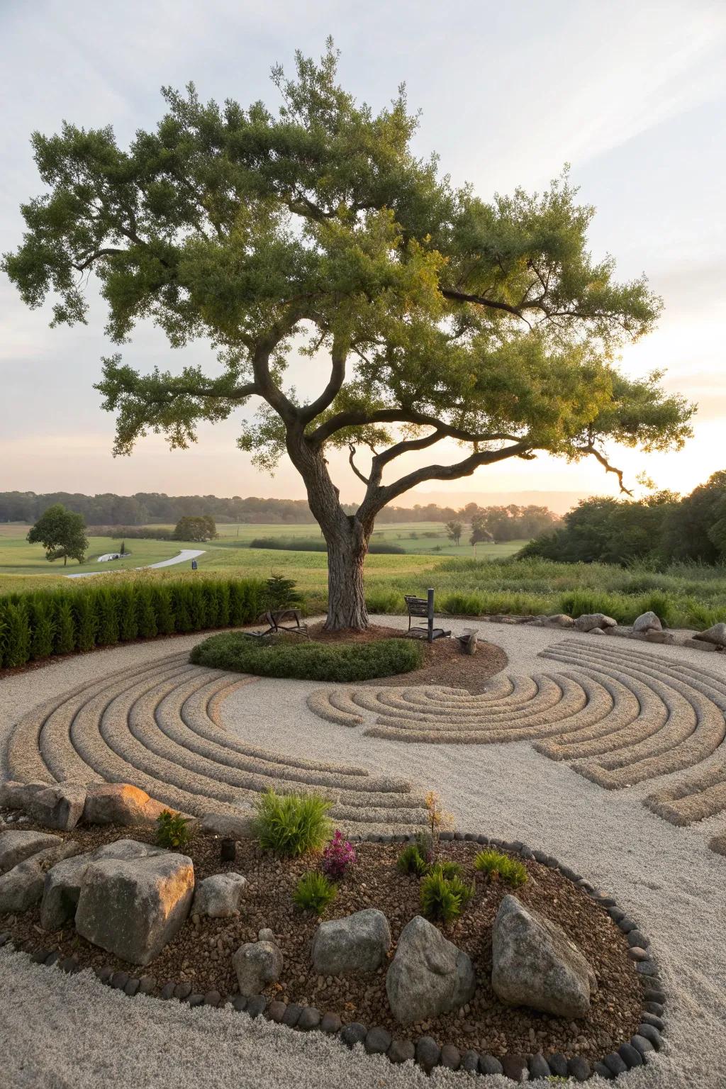 Zen garden mulch patterns bring tranquility and beauty.