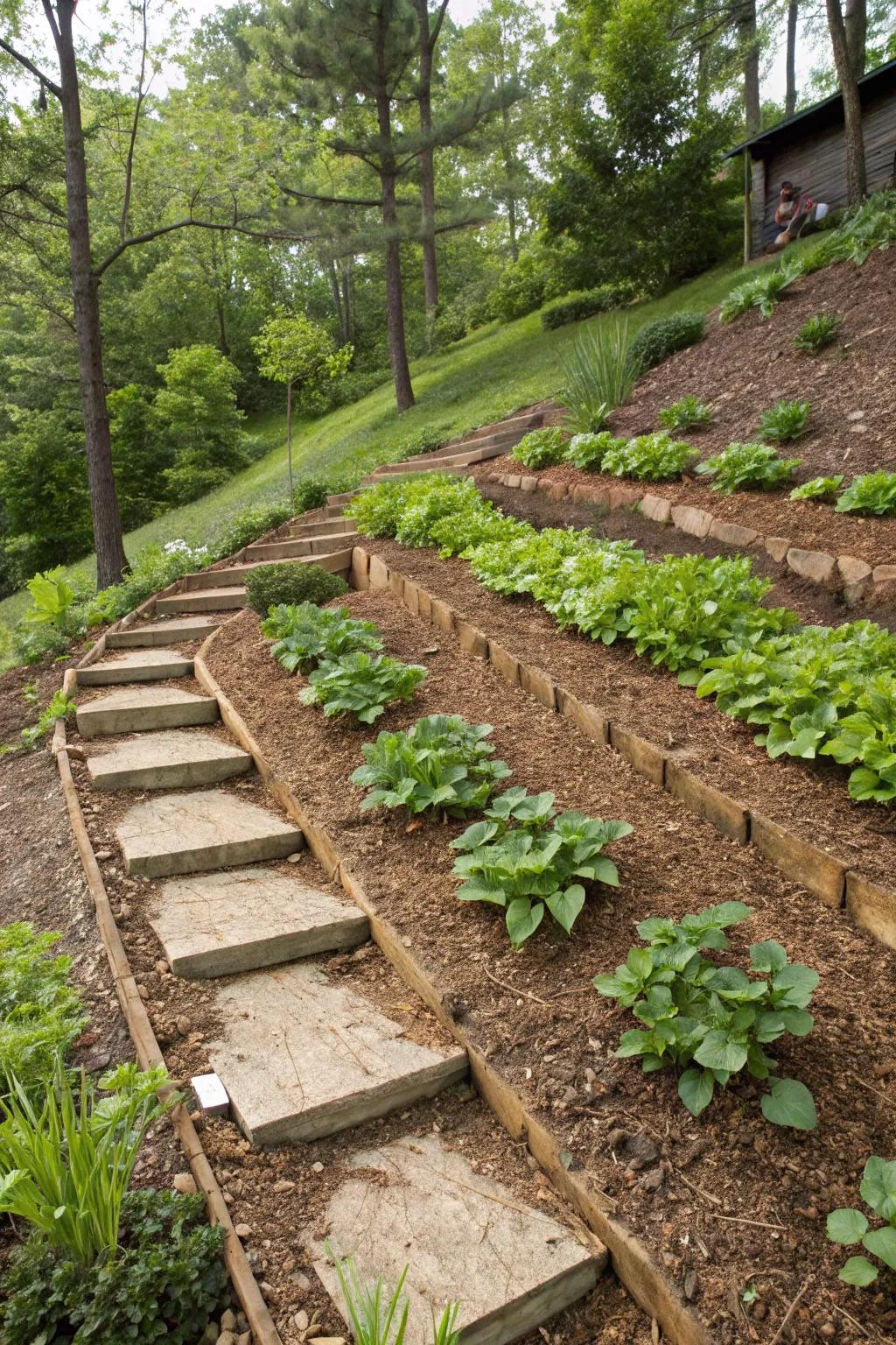 Mulch effectively used to control erosion on a garden slope.