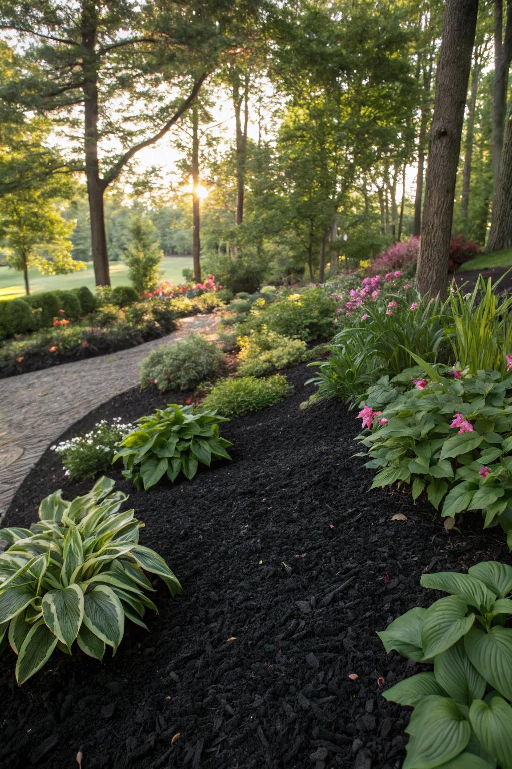 Black mulch keeping shaded garden areas warm and thriving.