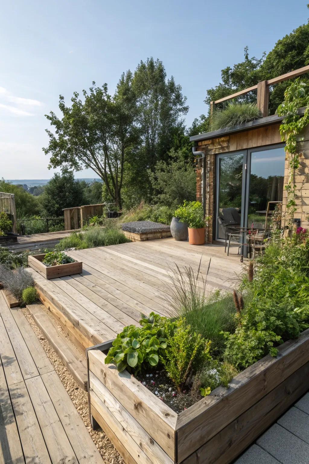 An eco-friendly deck crafted from reclaimed materials, blending style and sustainability.