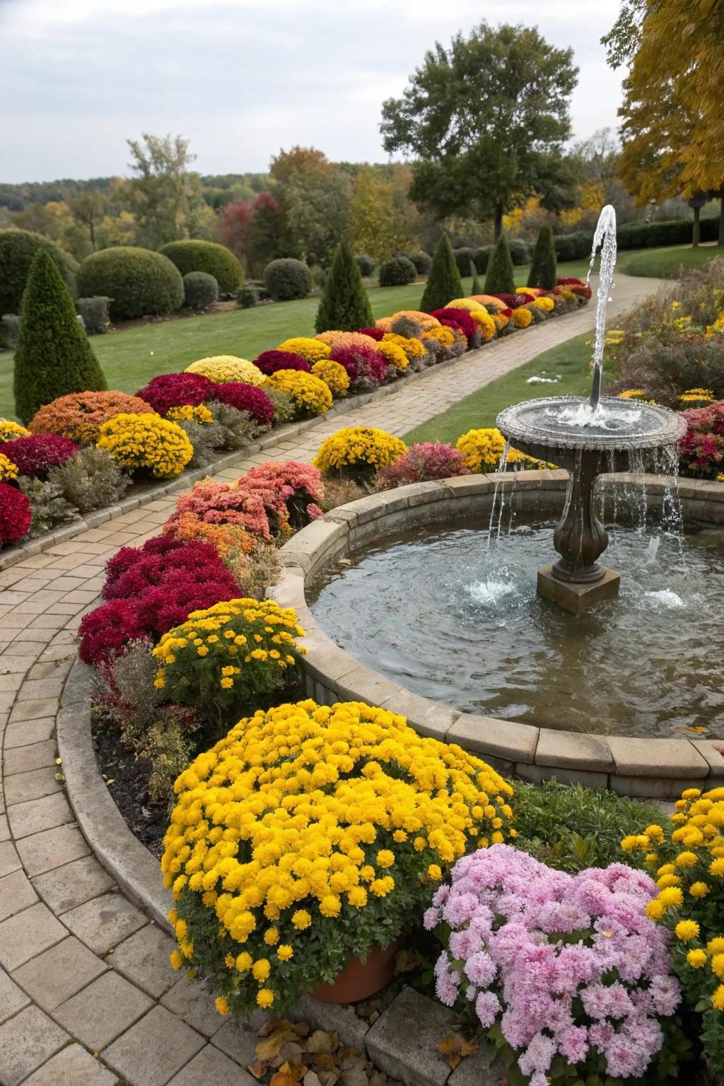 Mums enhancing the tranquility of a water feature.
