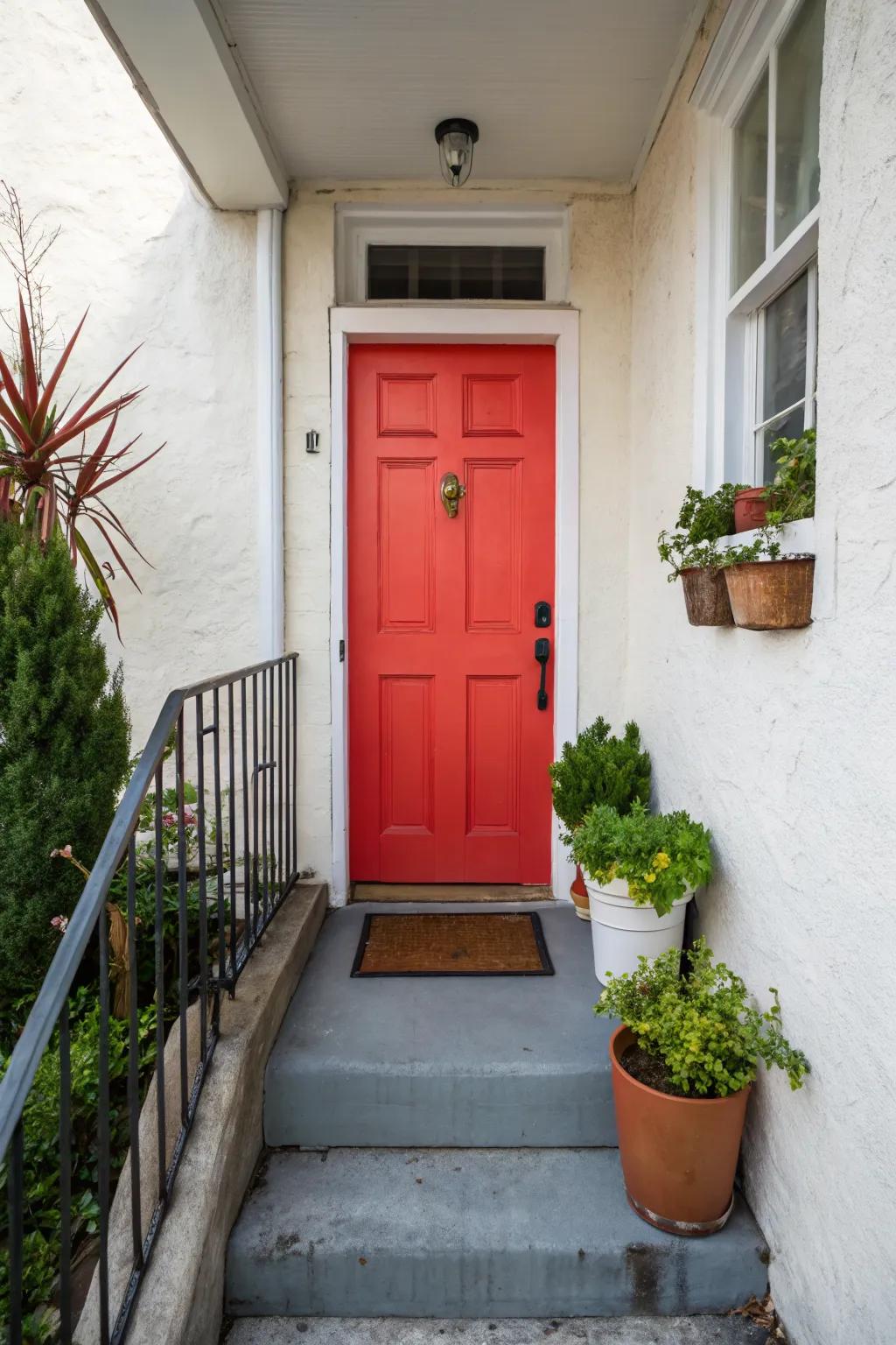 A bold door color adds a striking focal point to a narrow porch.