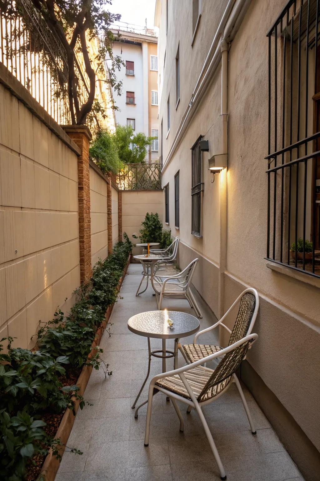 Lightweight furniture on a narrow patio.