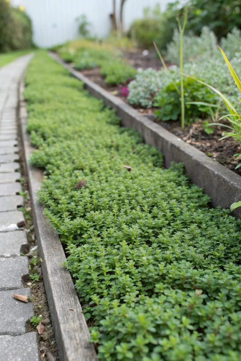 Creeping thyme provides a lush, stepable surface in this narrow strip.