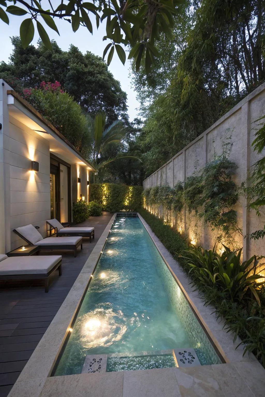 A narrow pool designed as an aqua therapy haven for relaxation.