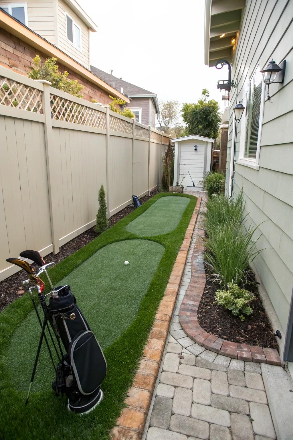 A putting green brings playful charm to your side yard.