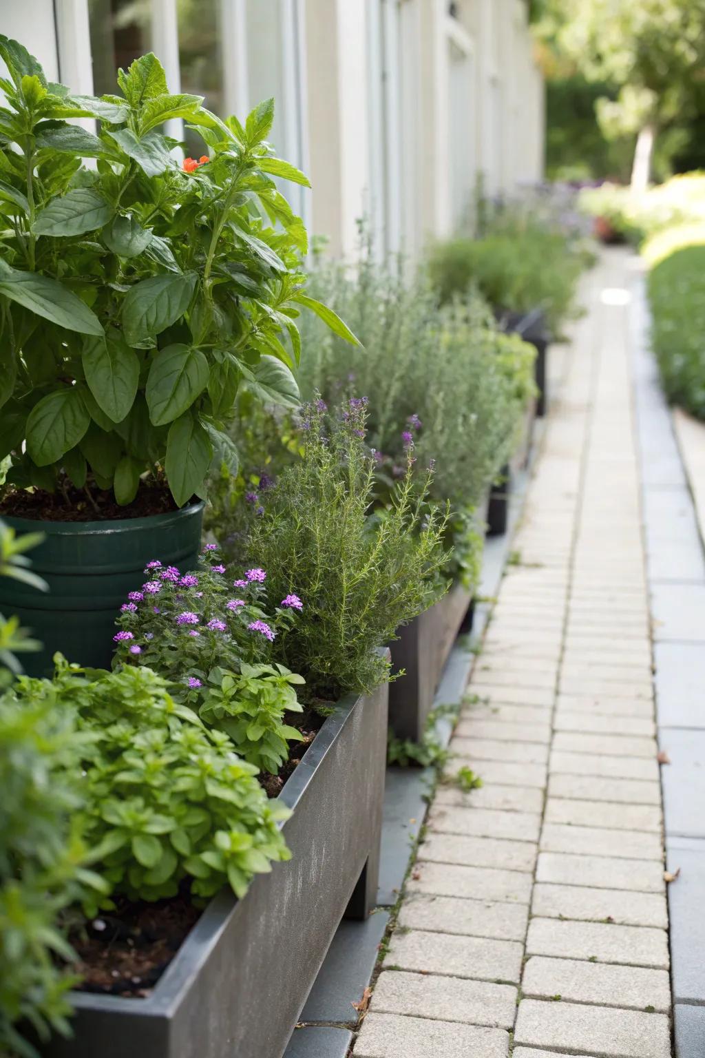 A narrow walkway bordered by aromatic herbs like rosemary and lavender.