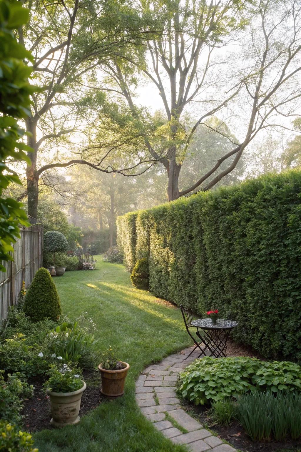 A backyard bordered with natural shrub fencing for privacy.