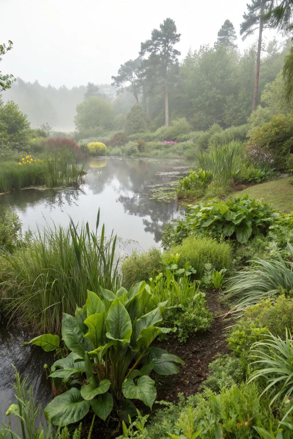 A bog garden enhancing the diversity next to a pond.