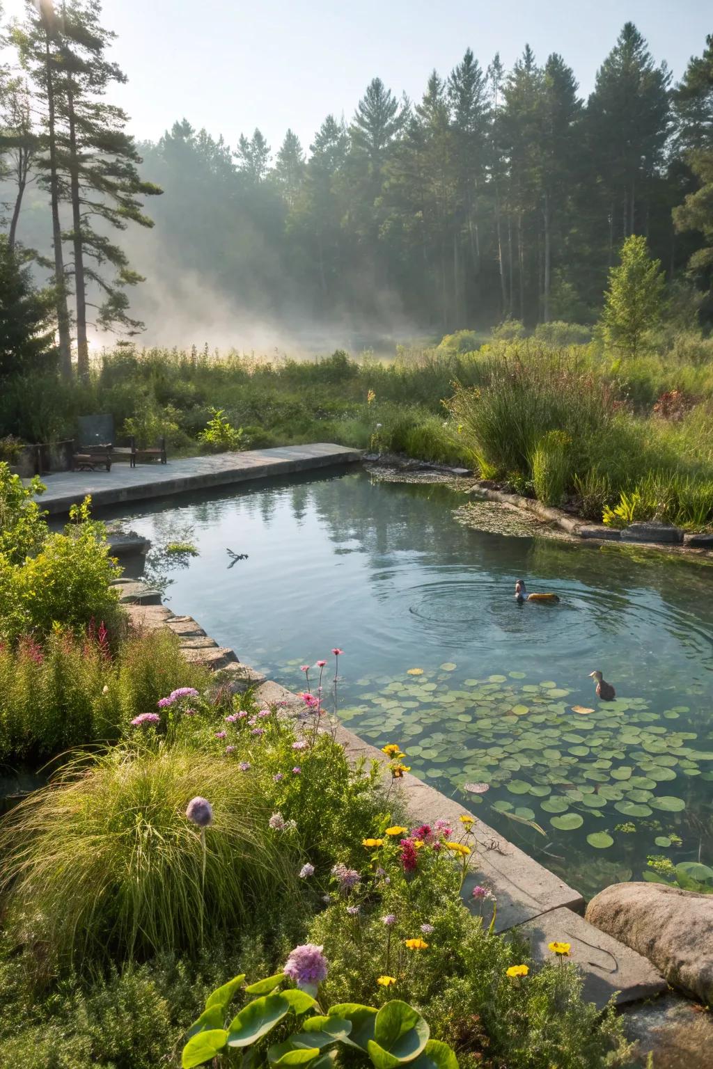 A wetland area supports biodiversity and enhances the pool's natural filtration.