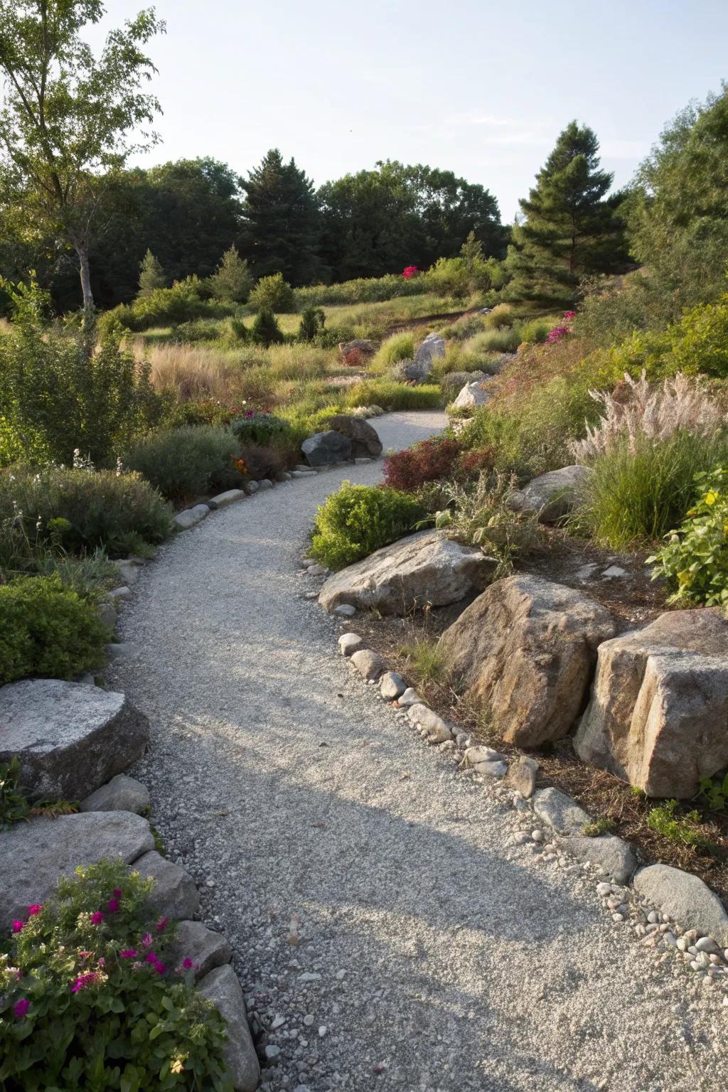 A gravel path provides structure and easy maintenance in the rustic garden.