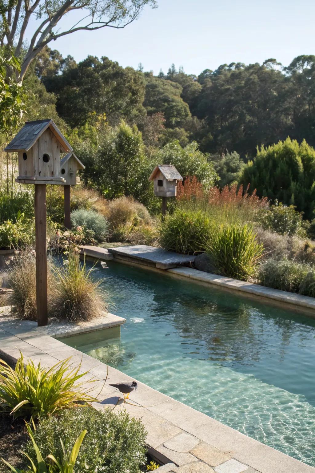 A natural swimming pool surrounded by native plants and birdhouses, creating a thriving wildlife habitat.